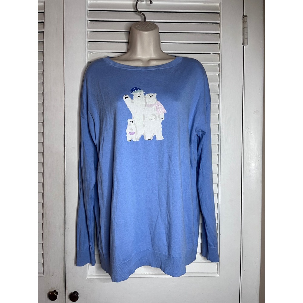 Talbots Womens Polar Bear Family Intarsia Sweater Blue Cotton Rayon Large L